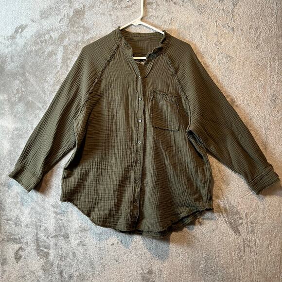Aerie Gauzy Coverup Shirt Olive Green Size Small Oversized Fit Distressed - Picture 2 of 6